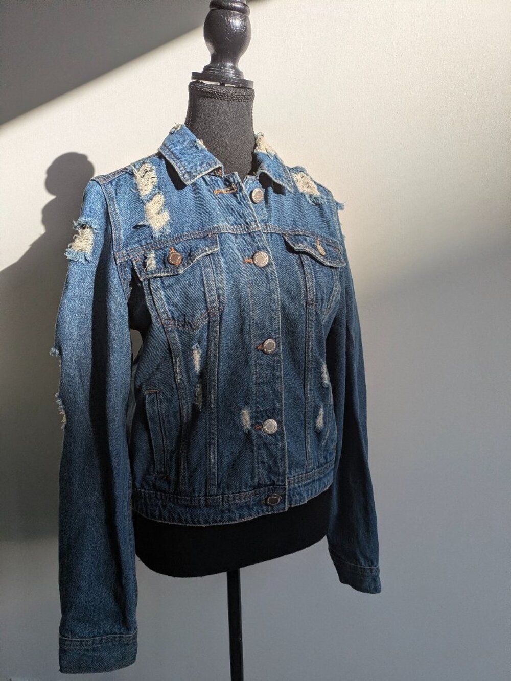 Revamped Denim Distressed Jacket | Ripped Small Wash Jean Jacket